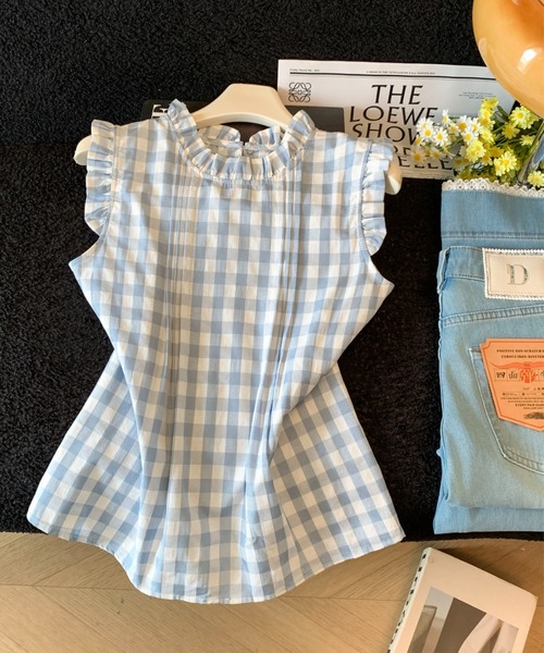 LUCPY(ラクピー)の「ギンガムチェックフリルペプラムブラウス(シャツ/ブラウス・レディース・ブルー・SMALL/LARGE/MEDIUM)」の1枚目の写真