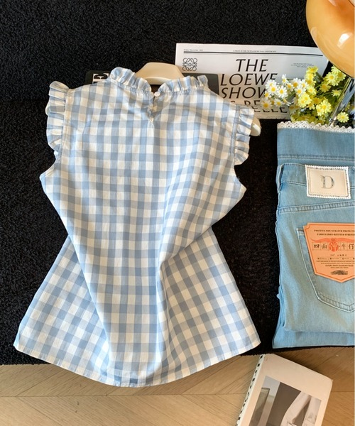 LUCPY(ラクピー)の「ギンガムチェックフリルペプラムブラウス(シャツ/ブラウス・レディース・ブルー・SMALL/LARGE/MEDIUM)」の3枚目の写真