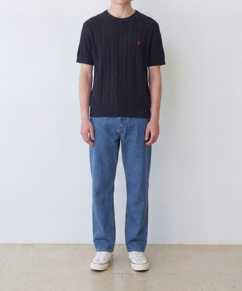 EDINBURGH CLUB（エディンバラクラブ）の「HIGH-TWIST LINEN CABLE S/S KNIT (NAVY)（ニット/セーター・メンズ・ネイビー・SMALL/MEDIUM/LARGE/X-LARGE）」の2枚目の写真