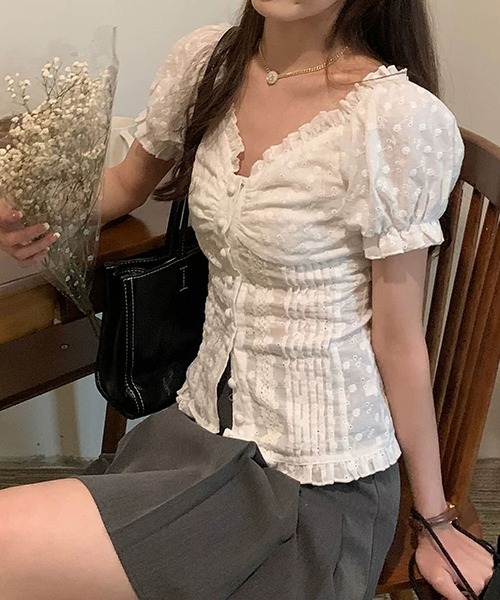 MAISON DE THERESE(メゾン ド テレーズ)の「レースパフスリーブシャツ レディース スリム細見え半袖ブラウス 甘めトップス(シャツ/ブラウス・レディース・White・M)」の12枚目の写真