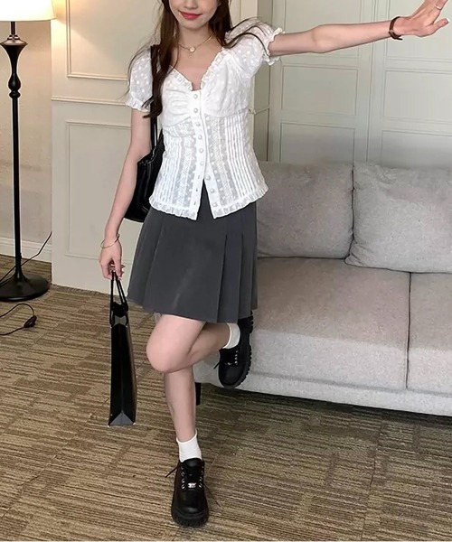 MAISON DE THERESE(メゾン ド テレーズ)の「レースパフスリーブシャツ レディース スリム細見え半袖ブラウス 甘めトップス(シャツ/ブラウス・レディース・White・M)」の21枚目の写真