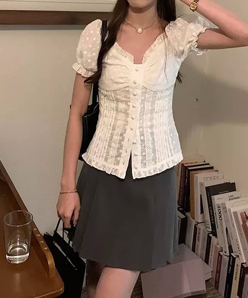MAISON DE THERESE(メゾン ド テレーズ)の「レースパフスリーブシャツ レディース スリム細見え半袖ブラウス 甘めトップス(シャツ/ブラウス・レディース・White・M)」の18枚目の写真