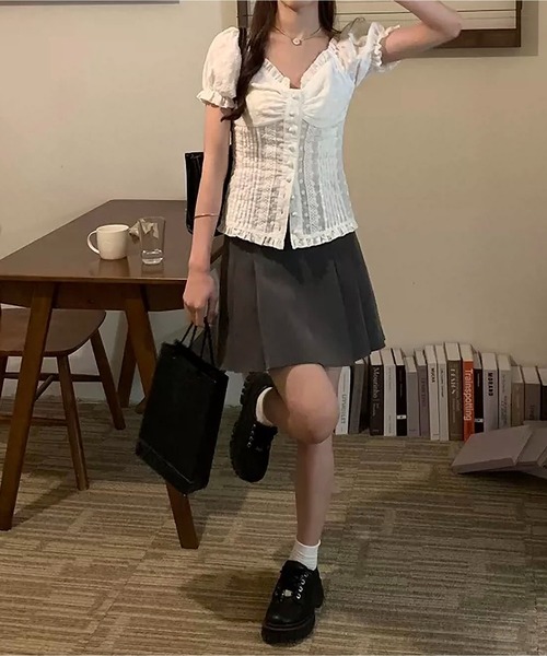 MAISON DE THERESE(メゾン ド テレーズ)の「レースパフスリーブシャツ レディース スリム細見え半袖ブラウス 甘めトップス(シャツ/ブラウス・レディース・White・M)」の20枚目の写真