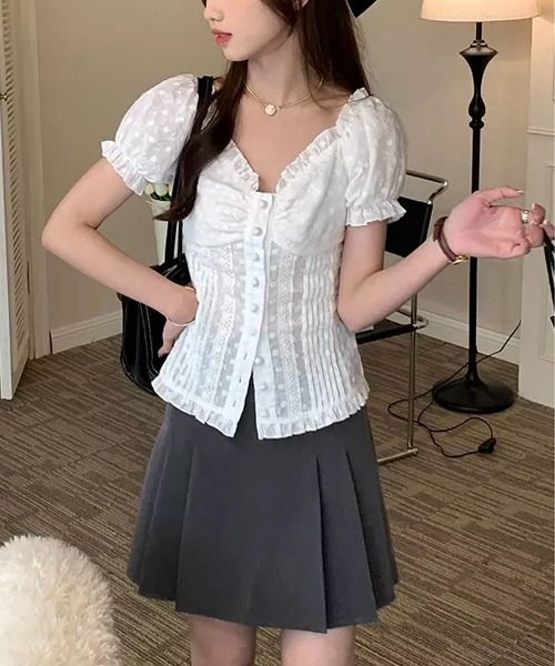 MAISON DE THERESE(メゾン ド テレーズ)の「レースパフスリーブシャツ レディース スリム細見え半袖ブラウス 甘めトップス(シャツ/ブラウス・レディース・White・M)」の17枚目の写真