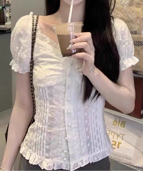 MAISON DE THERESE(メゾン ド テレーズ)の「レースパフスリーブシャツ レディース スリム細見え半袖ブラウス 甘めトップス(シャツ/ブラウス・レディース・White・M)」の13枚目の写真