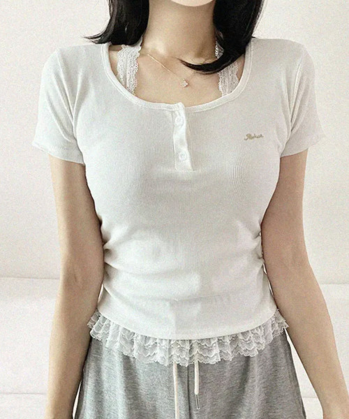 VIVID LADY（ビビッドレディー）の「レースホルター 半袖 リブトップス（Tシャツ/カットソー・レディース・ライトブルー/ブラック/アイボリー/グレー・FREE）」の16枚目の写真