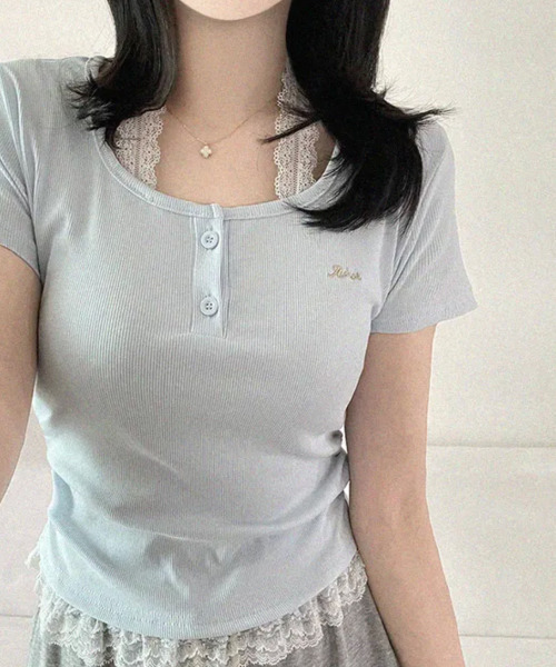 VIVID LADY（ビビッドレディー）の「レースホルター 半袖 リブトップス（Tシャツ/カットソー・レディース・ライトブルー/ブラック/アイボリー/グレー・FREE）」の21枚目の写真