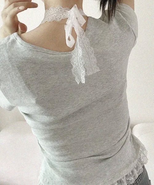 VIVID LADY（ビビッドレディー）の「レースホルター 半袖 リブトップス（Tシャツ/カットソー・レディース・ライトブルー/ブラック/アイボリー/グレー・FREE）」の6枚目の写真