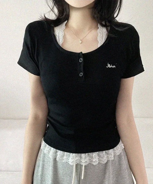 VIVID LADY（ビビッドレディー）の「レースホルター 半袖 リブトップス（Tシャツ/カットソー・レディース・ライトブルー/ブラック/アイボリー/グレー・FREE）」の8枚目の写真