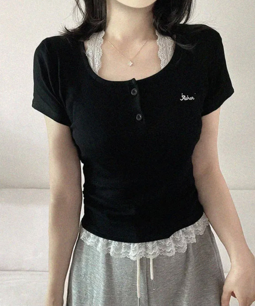 VIVID LADY（ビビッドレディー）の「レースホルター 半袖 リブトップス（Tシャツ/カットソー・レディース・ライトブルー/ブラック/アイボリー/グレー・FREE）」の9枚目の写真
