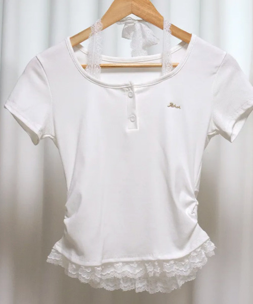 VIVID LADY（ビビッドレディー）の「レースホルター 半袖 リブトップス（Tシャツ/カットソー・レディース・ライトブルー/ブラック/アイボリー/グレー・FREE）」の11枚目の写真
