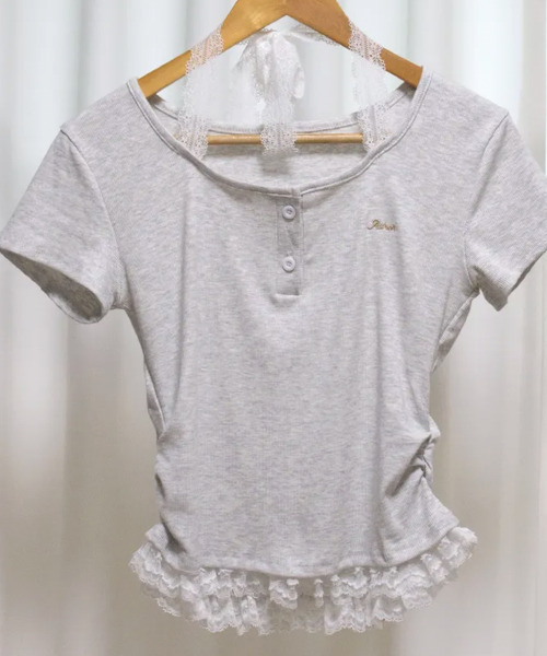VIVID LADY（ビビッドレディー）の「レースホルター 半袖 リブトップス（Tシャツ/カットソー・レディース・ライトブルー/ブラック/アイボリー/グレー・FREE）」の13枚目の写真