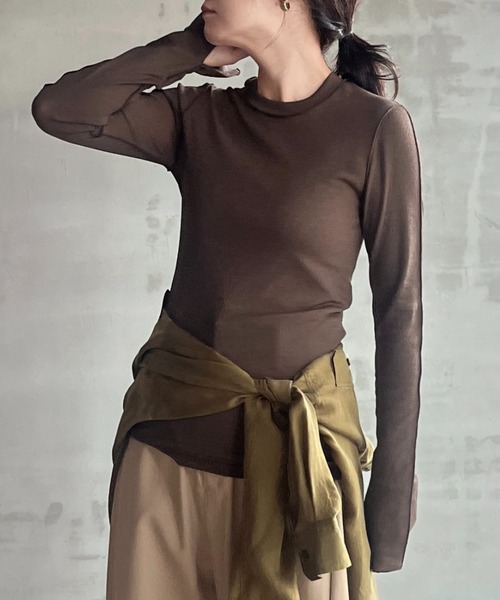 HAKUJI(ハクジ)の「<HAKUJI> SHINY RIB LONG SLEEVE PULLOVER / シャイニーリブ ロングスリーブ プルオーバー(Tシャツ/カットソー・レディース・ブラウン/ブラック・1)」の2枚目の写真