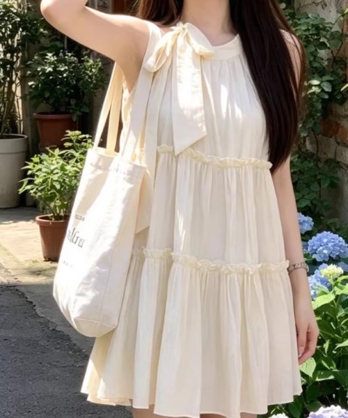 ｔｏｌｅｎｅ（トレネ）の「ビッグリボン アメスリ風 ティアードミニワンピース（ワンピース・レディース・オフホワイト・FREE）」の6枚目の写真