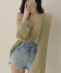 Vネックオフショルリブニット