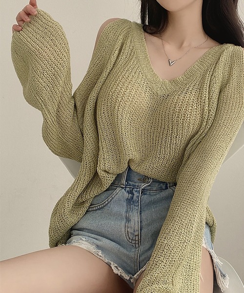 Girly Doll(ガーリードール)の「Vネックオフショルリブニット(ニット/セーター・レディース・ベージュ/ブラック/グリーン・FREE)」の18枚目の写真