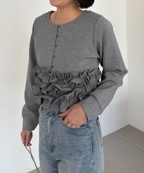 CAPRICIEUX LE'MAGE(カプリシューレマージュ)の「ドッキングフリルダンボールカーディガン(Tシャツ/カットソー・レディース・ブラウン/グレー/オフホワイト・FREE)」の18枚目の写真