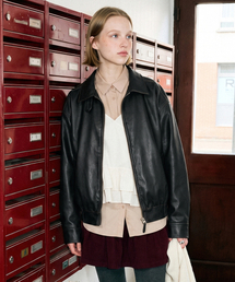 Shirred Leather Blouson Jacket (Black)