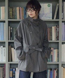 スタンドカラーベルト付きダブルブレストコート/ Stand collar belted double breasted coat