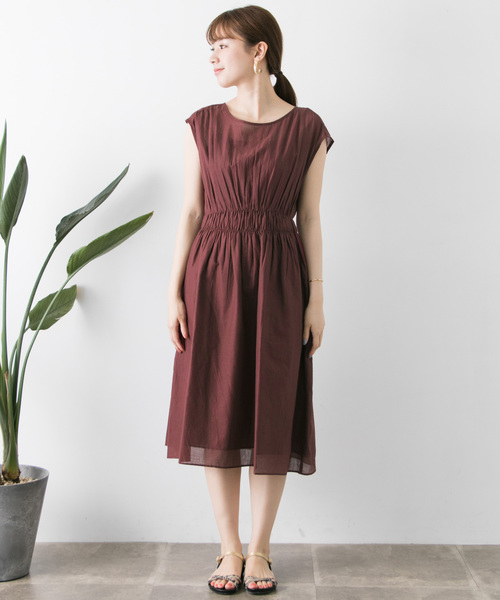 シャーリングミディワンピースダークブラウン