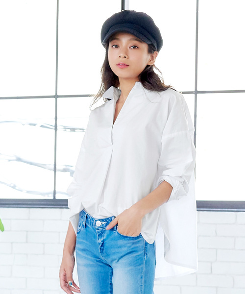 KOBE LETTUCE（コウベレタス）の「コットン100％タイプライタースキッパーシャツ＊レディース/トップス/ビッグシルエット[C3395]神戸レタス（シャツ/ブラウス・レディース・ネイビー/オフホワイト/マスタード/グレイッシュベージュ・FREE）」の2枚目の写真