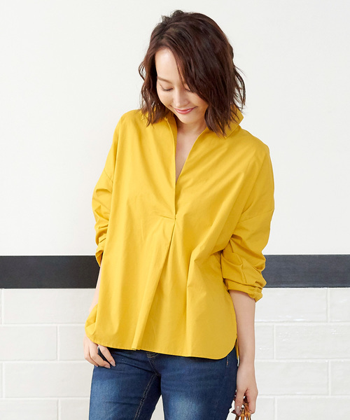 KOBE LETTUCE（コウベレタス）の「コットン100％タイプライタースキッパーシャツ＊レディース/トップス/ビッグシルエット[C3395]神戸レタス（シャツ/ブラウス・レディース・ネイビー/オフホワイト/マスタード/グレイッシュベージュ・FREE）」の4枚目の写真