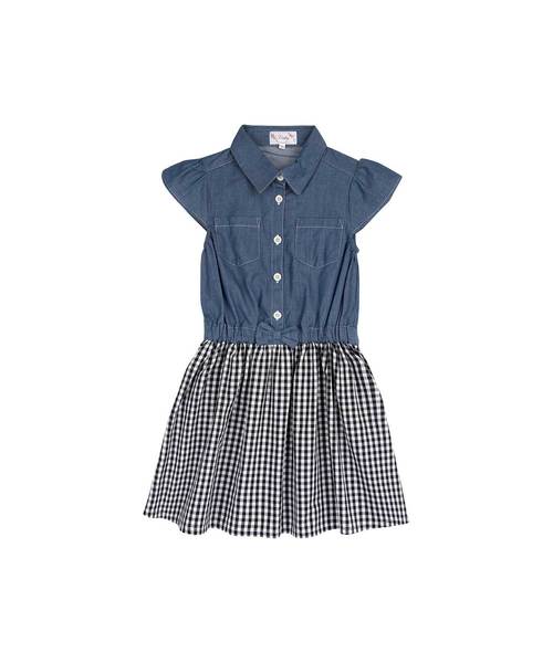 motherways(マザウェイズ)の「ガールズ 布帛 フリル袖 ドッキング シャツワンピース 全2柄(シャツワンピース)」|ネイビー