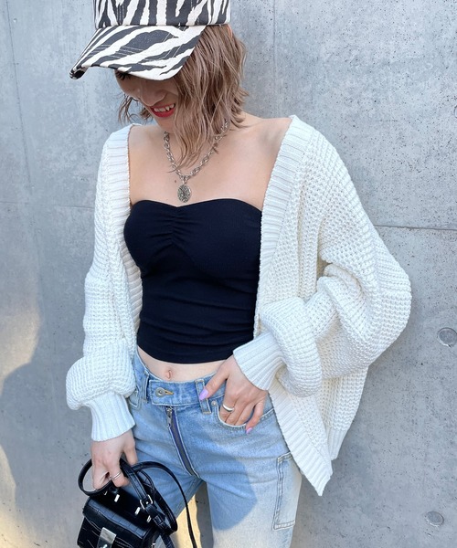 SPIRALGIRL(スパイラルガール)の「ブリーチワッフル編みニットカーディガン(カーディガン/ボレロ・レディース・ホワイト/ネイビー/グリーン・FREE)」の2枚目の写真