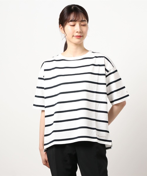 LBC(エルビーシー)の「LBCリネン混ボーダーtee(Tシャツ/カットソー・レディース・ダークネイビー/ホワイト・LL/M/L)」の1枚目の写真