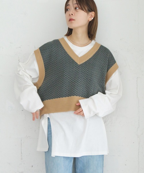 notch.（ノッチ）の「レトロ柄ニットベスト（ベスト・レディース・ブラック/ベージュ/ネイビー・M）」の3枚目の写真