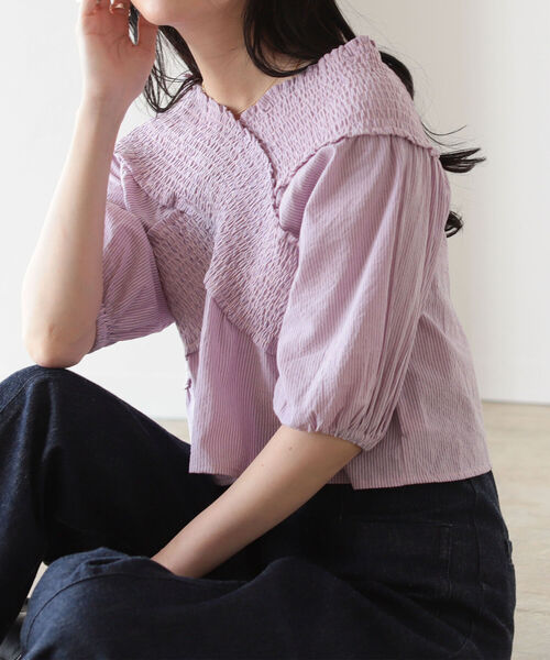 BeAMS DOT（ビームスドット）の「【WEB限定】BeAMS DOT/ オフショル ストライプブラウス（シャツ/ブラウス・レディース・ブラック/オレンジ/パープル系その他5・FREE）」の14枚目の写真