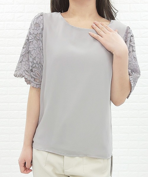 Lace Ladies（レースレディース）の「半袖レーススリーブ  シフォンプルオーバー（シャツ/ブラウス・レディース・ホワイト/ブラック/グレー/ネイビー/アイボリー・XL/L/S/M）」の4枚目の写真