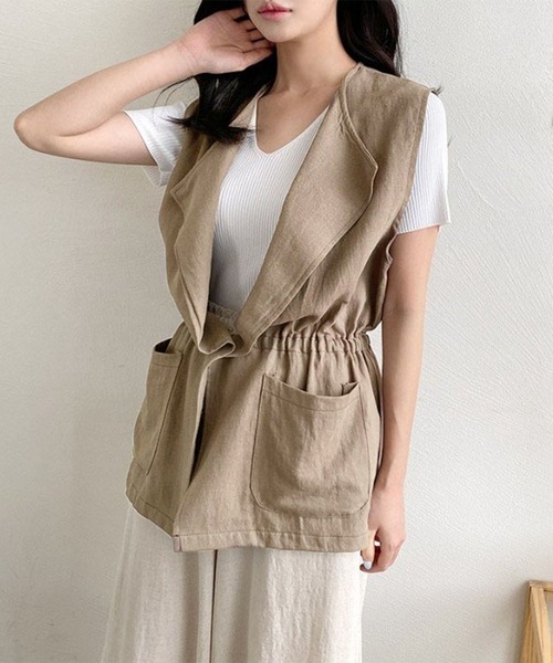me+em select(ミームセレクト)の「ドロストギャザーコットンリネンジレベスト(ベスト・レディース・カーキ/ベージュ・FREE)」の20枚目の写真