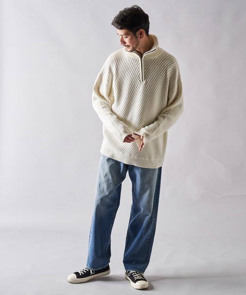 ADPOSION（アドポーション）の「ビッグシルエット スタンドハーフジップニット（ニット/セーター・メンズ・チャコールグレー/オフホワイト/ブルー/マスタード・MEDIUM/LARGE/X-LARGE）」の5枚目の写真