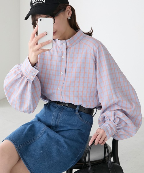 マルチサイズ ブラウス シャツ ラグランバンドカラークロップドブラウス レディース BONLECILL ブラウス シャツ ラグランバンドカラークロップド