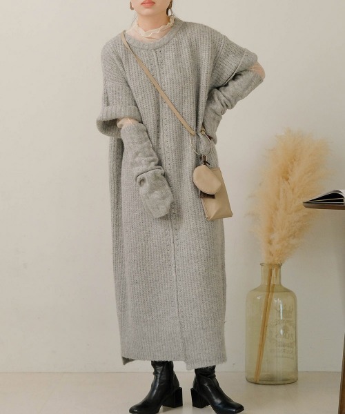 Bab（バブ）の「【低身長さんサイズあります】アームウォーマー付きニットワンピース（ワンピース・レディース・ライトグレー/モカ/アイボリー・S/M）」の3枚目の写真