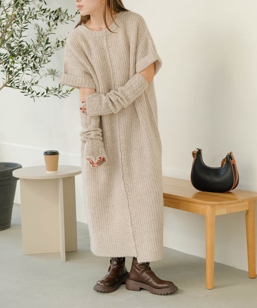 Bab（バブ）の「【低身長さんサイズあります】アームウォーマー付きニットワンピース（ワンピース・レディース・ライトグレー/モカ/アイボリー・S/M）」の12枚目の写真