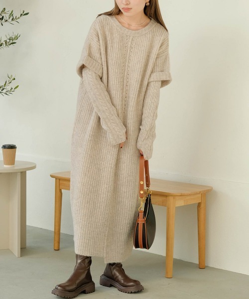 Bab（バブ）の「【低身長さんサイズあります】アームウォーマー付きニットワンピース（ワンピース・レディース・ライトグレー/モカ/アイボリー・S/M）」の4枚目の写真
