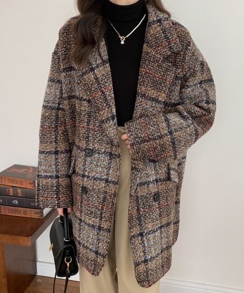 ABITOKYO(アビトーキョー)の「ビックシルエットダブルボタンチェック柄ピーコート(ピーコート・レディース・ブラウン/グレー/ベージュ/ネイビー・FREE)」の12枚目の写真