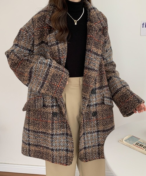ABITOKYO(アビトーキョー)の「ビックシルエットダブルボタンチェック柄ピーコート(ピーコート・レディース・ブラウン/グレー/ベージュ/ネイビー・FREE)」の16枚目の写真