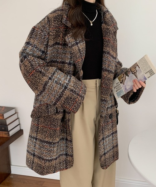 ABITOKYO(アビトーキョー)の「ビックシルエットダブルボタンチェック柄ピーコート(ピーコート・レディース・ブラウン/グレー/ベージュ/ネイビー・FREE)」の8枚目の写真