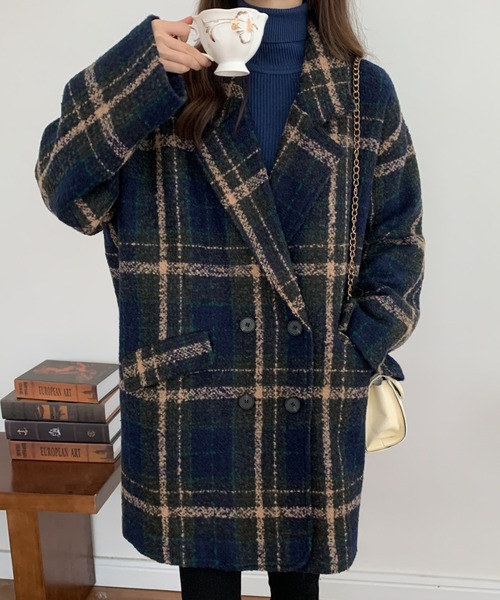 ABITOKYO(アビトーキョー)の「ビックシルエットダブルボタンチェック柄ピーコート(ピーコート・レディース・ブラウン/グレー/ベージュ/ネイビー・FREE)」の14枚目の写真