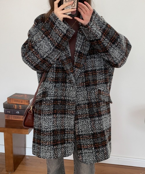 ABITOKYO(アビトーキョー)の「ビックシルエットダブルボタンチェック柄ピーコート(ピーコート・レディース・ブラウン/グレー/ベージュ/ネイビー・FREE)」の15枚目の写真