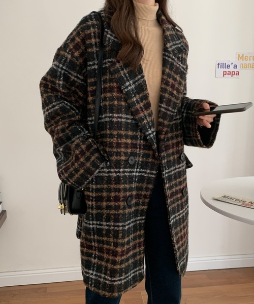 ABITOKYO(アビトーキョー)の「ビックシルエットダブルボタンチェック柄ピーコート(ピーコート・レディース・ブラウン/グレー/ベージュ/ネイビー・FREE)」の9枚目の写真