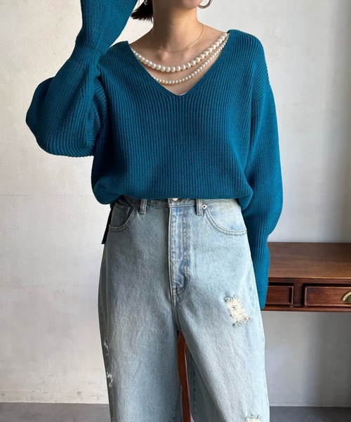 DouDou(ドゥドゥ)の「【WEB限定】パールネックレスフレアスリーブ(ニット/セーター・レディース・スカイブルー/ブラック/ライトグリーン・FREE)」の3枚目の写真
