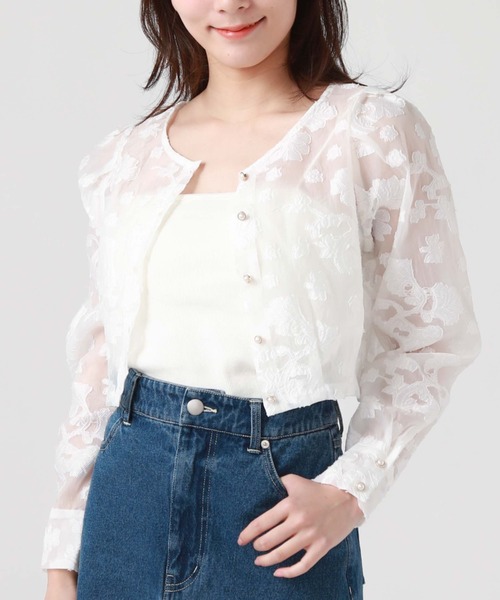 archives(アルシーヴ)の「オーガンジャガードカーディガン(シャツ/ブラウス・レディース・ブラック/アイボリー/オフホワイト/ミント・MEDIUM)」の1枚目の写真