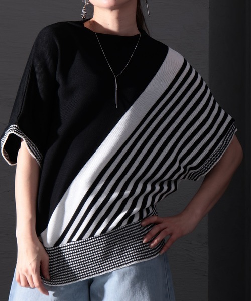 Sawa a la mode(サワアラモード)の「日本製変形ボーダー半袖ニット(ニット/セーター・レディース・レッド/ベージュ/ブルー/オフホワイト・FREE)」の2枚目の写真
