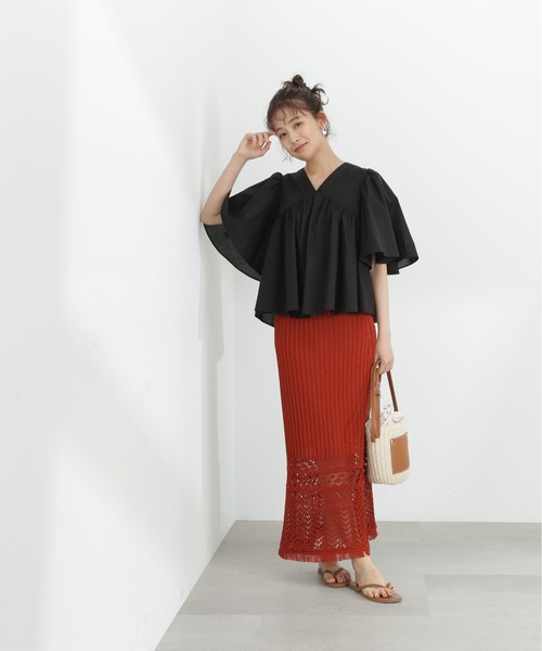 N.(N. Natural Beauty Basic)(エヌエヌナチュラルビューティーベーシック)の「◆透かし編みニットレーススカート(スカート・レディース・ブラック/クリーム/オレンジ・MEDIUM)」の14枚目の写真