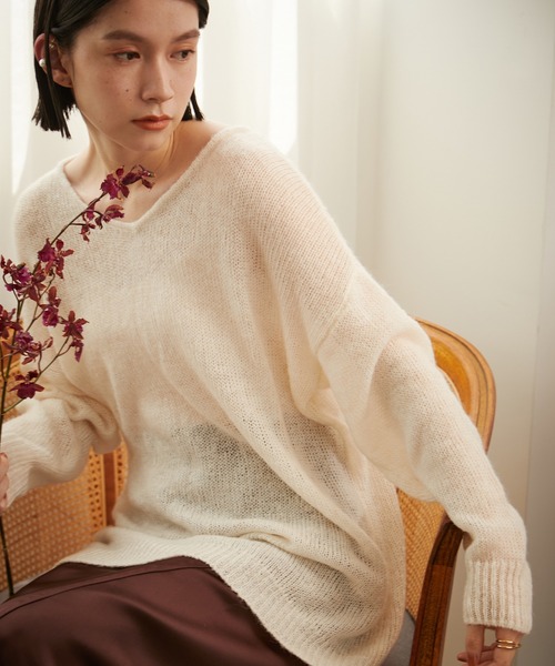 Stylevoice for xxx(スタイルヴォイスフォー)の「2WAYモヘアミックスシアーニット(ニット/セーター・レディース・オフホワイト/ライトブルー/ブラック・FREE)」の14枚目の写真
