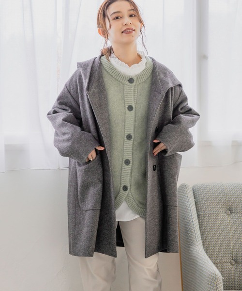 studio CLIP（スタディオクリップ）の「【軽量/ストレッチ/ソフトタッチ】ウールライクヘリンボンフードコート（ダッフルコート・レディース・チャコール/ベージュ/ライトグレー・FREE）」の6枚目の写真